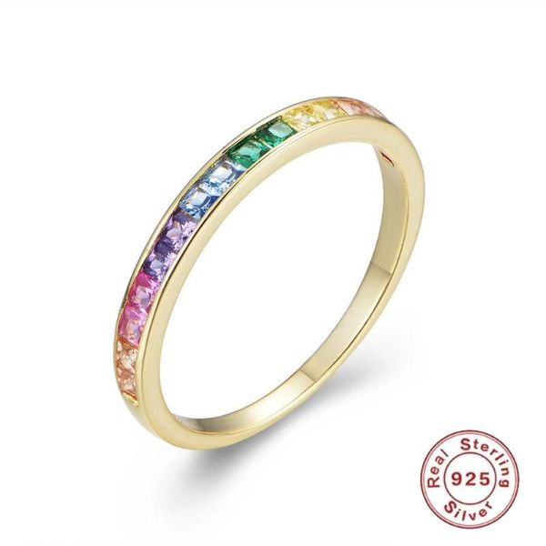 

cluster rings ccfjoyas europen and american 100% s925 sterling silver micro inlaid square rainbow zircon wedding ring women fashion, Golden;silver