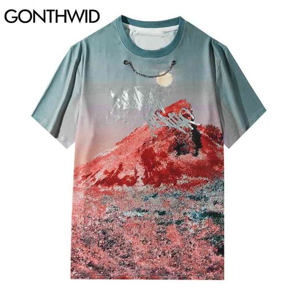 

tshirts harajuku landscape mountain tee shirts streetwear hip hop casual fashion summer loose short sleeve t-shirt 210602, White;black