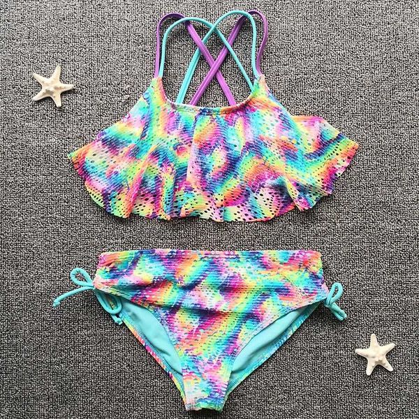 

rainbow girl swimsuit kids 6-16 years teenage bikini set hollow out 2 piece children swimwear cross back bathing suit