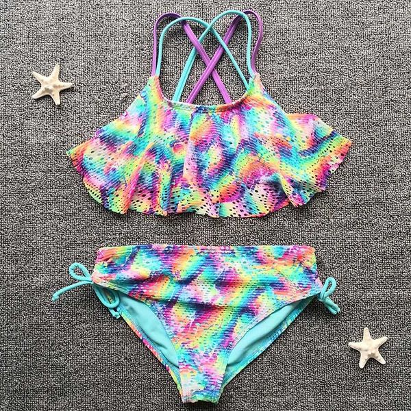 Regenbogen Mädchen Badeanzug Kinder 6-16 Jahre Teenager Bikini Set Hollow Out 2 Stück Kinder Bademode Cross Back Badeanzug