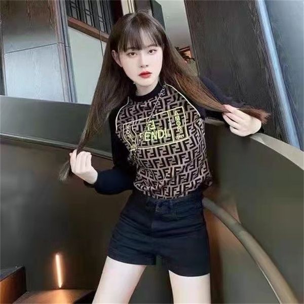 

70% off 21 early autumn new net red same sleeve color matching fluorescent yellow letters knitting temperament versatile fashion, Black;gray
