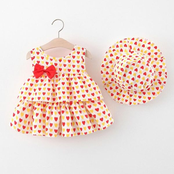 

girl's dresses 2021 summer girls love heart floral dress hat casual sleeveless party princess cute children's baby kids clothing, Red;yellow