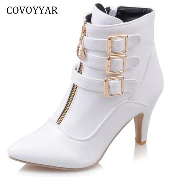 

boots covoyyar 2021 buckle ankle autumn winter fashion thin heel pointed toe women front side zip gladiator shoes wbs841, Black