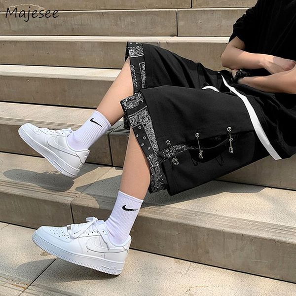 

men casual shorts patchwork design fake two pieces straight retro harajuku streetwear knee-length trousers drawstring stylish bf men's, White;black