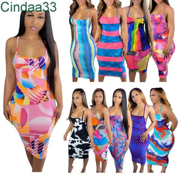 

women dress designer sleeveless sling tie dye printed long dresses backless summer printed suspender skirt 10 colours, Black;gray