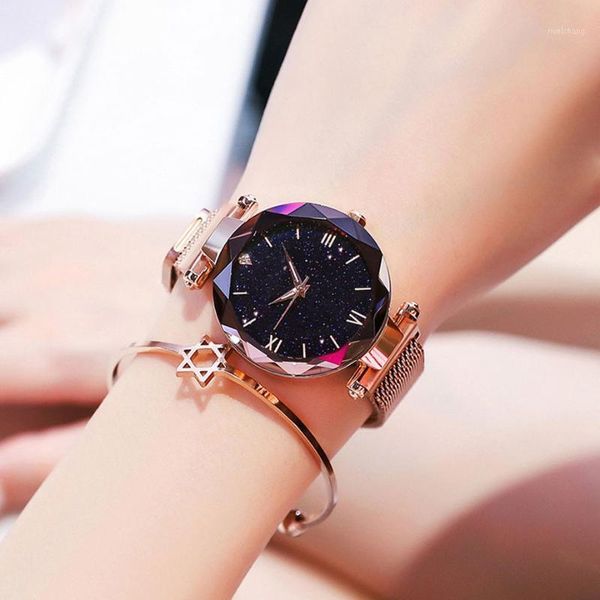 

wristwatches women watch fashion magnetic starry sky luxury wrist rose gold female clock quartz wristwatch relogio, Slivery;brown