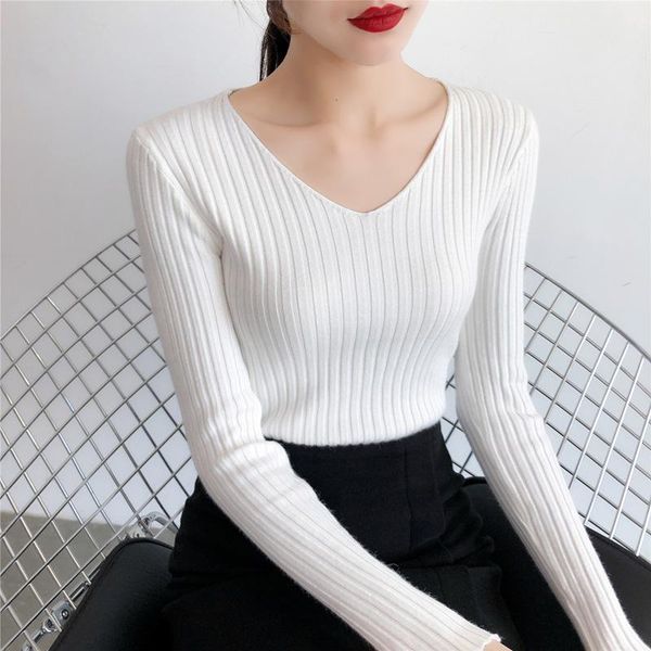 

women's sweaters 2021 autumn winter all-match slim v-neck sweater pullover tight long sleeve close-fitting warm clothing, White;black