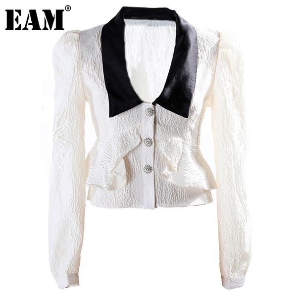 

[eam] women white slim buckle short blouse lapel long sleeve loose fit shirt fashion spring 1dd6425 210512