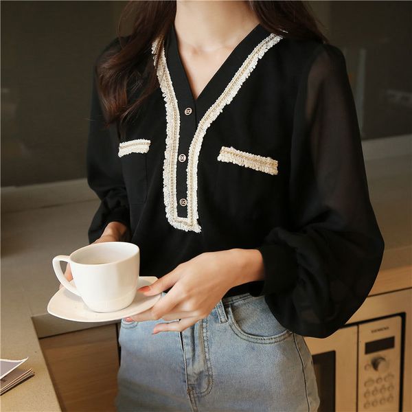 

women's blouses & shirts spring autumn korea fashion women long sleeve loose all-matched casual v-neck chiffon white blouse femme