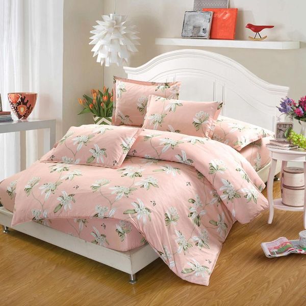 

bedding sets 100% cotton set 4pcs pink white flowers king  full twin size summer bed fitted sheet duvet cover pillowcase