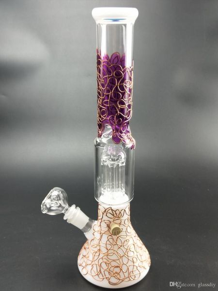Handgefertigte handwerkliche Glasbecher-Bong-Wasserpfeifen, lila, Höhe 36 cm, schwarze Farbe, Perkolator-Bongs zum Rauchen, 18,8-mm-Verbindung