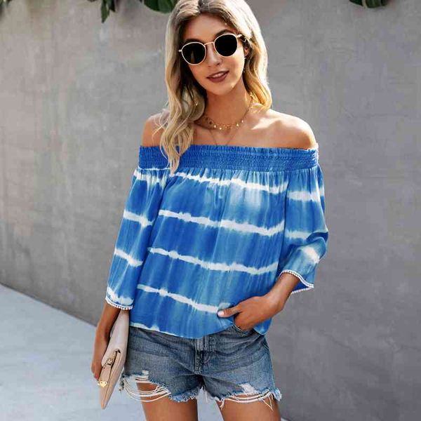 

ladies spring summer new temperament tie dye blouse backless print slash neck fashion loose women's blouse 210413, White