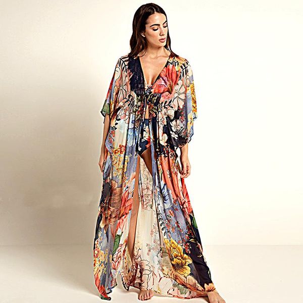 

women's swimwear chiffon big flower loose long skirt cardigan beach coat sunscreen swimsuit with bikini blouse, White;black