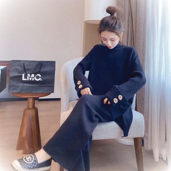 

women's two piece pants women's fashion knitted sweater 2 set high neck warm pullover waist loose wide leg sportswear, White