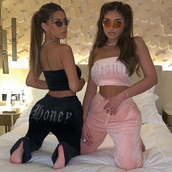 

seasons velvet rhinestone letter print womenpant two piece set tube crop high waist wide leg pants tracksuit sporty assu83084, White