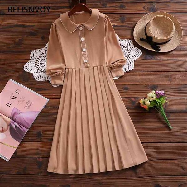 

women's dress autumn pleated fashion solid elegant temperament office female dresses peter pan collar chic sweet vestidos 210520, Black;gray