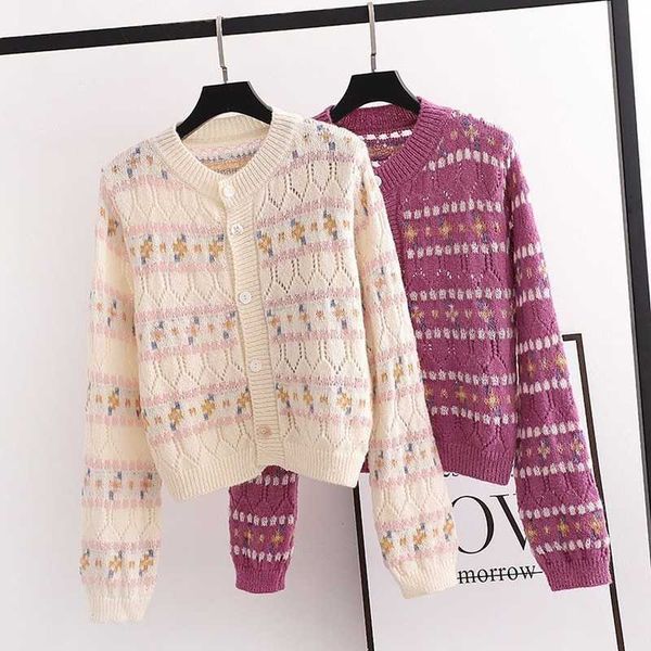 

sweaters women autumn clothing o neck full hollow out crochet knitted cardigan floral jacket retro sweet gentle pull jumpers 210610, White