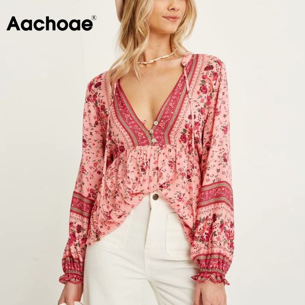 

women floral print blouse shirt bow neck elegant beach long sleeve loose boho blouse spring summer blusas mujer, Black;white