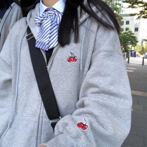 

women's jackets autumn sweatshirt embroidery cherry zipper hooded coat student winter 2021 fashion casual harajuku korean long sleeve w, Black;brown
