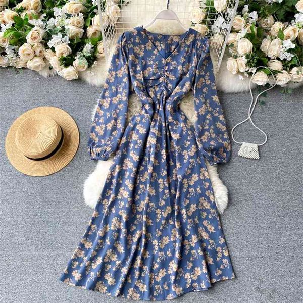 

lady fashion vintage floral print a-line dress women v-neck long sleeve thin holiday high waist elegant vestido de mujer q046 210527, Black;gray