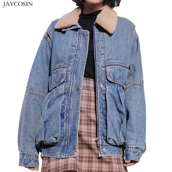 

women's jackets jaycosin women denim jacket coat oversized thick warm lined trucker boyfriend jean 2021 female, Black;brown