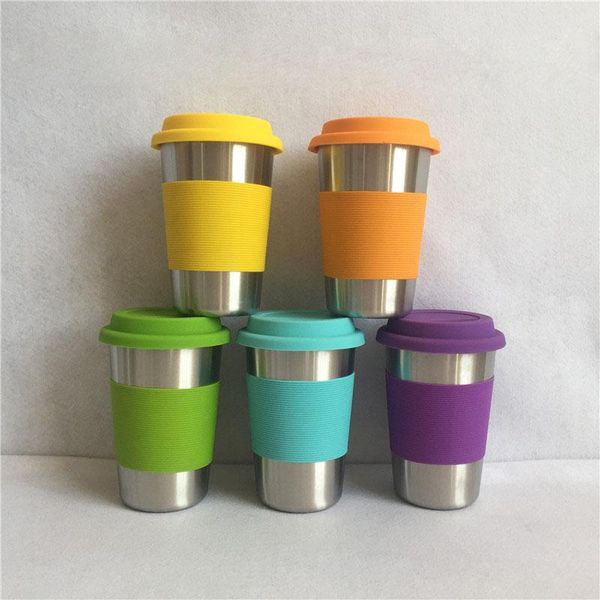 

100pcs stainless steel mug portable travel car tea coffee beer with silicone lid anti-scald 500ml mugs