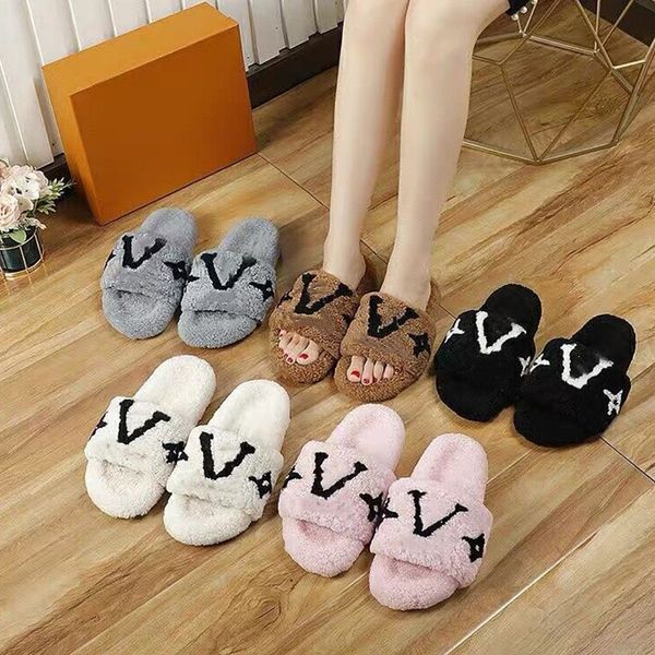 

2022 designer women ladys girls furry slide slipper spring and autumn pink real wool white logo embroidery fashion comfortable barefoot wear, Black