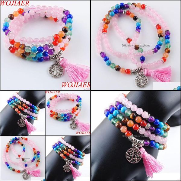 

beaded, wojiaer 108 meditation mti-layer long strands bracelets 7 chakra yoga natural round rose quartz mala beads tassel jewelry drop deliv, Black