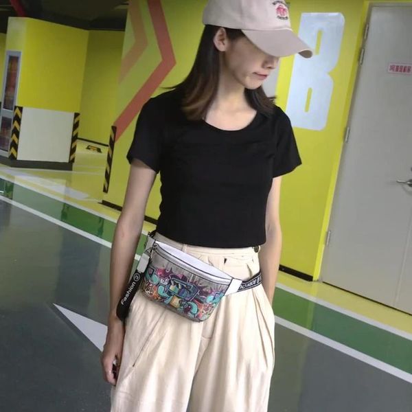 

waist bags colorful painting hip-hop women bag graffiti fashion pu leather female fanny pack girl shoulder crossbody belt 2021