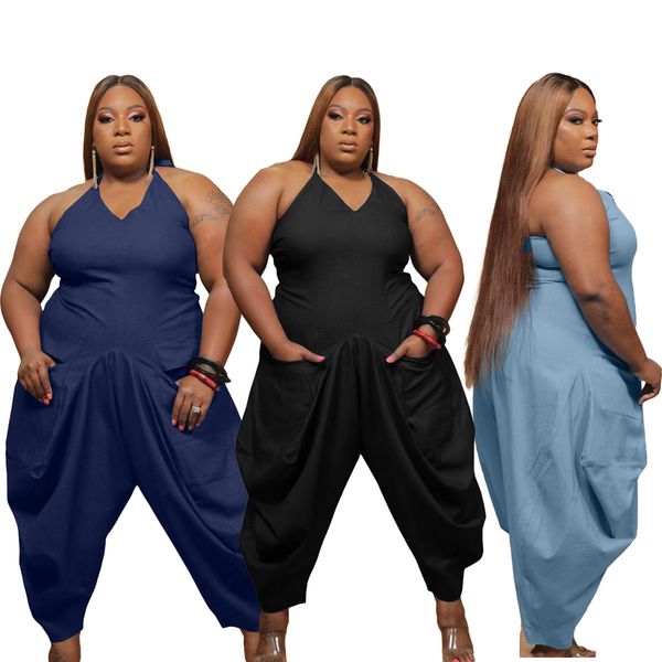 

women's plus size q7167 fashion large 5xl solid color suspender harlan jumpsuit
