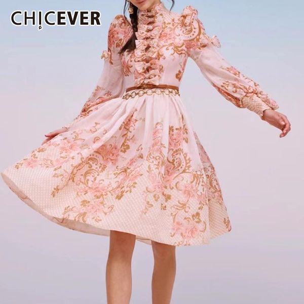 

casual dresses chicever vintage print dress for women stand collar long sleeve high waist patchwork bowknot knee length female 2021, Black;gray