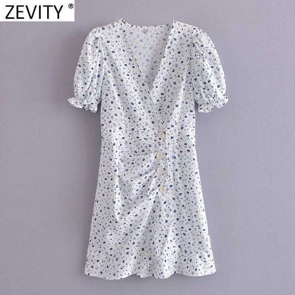 

zevity women french style v neck floral print hem ruffles slim mini dress female puff sleeve vestidos chic summer dresses ds8336 210603, Black;gray