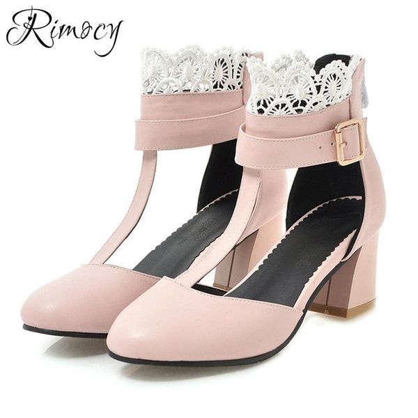 

dress shoes rimocy 2021 t-strap thick high heels woman sweet lace ankle buckle pumps women fashion patchwork elegant female, Black