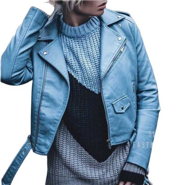 

fashion women spring autunm black blue fake faux leather jackets lady pu zipper pocket motorcycle outerwear coat belt 211215