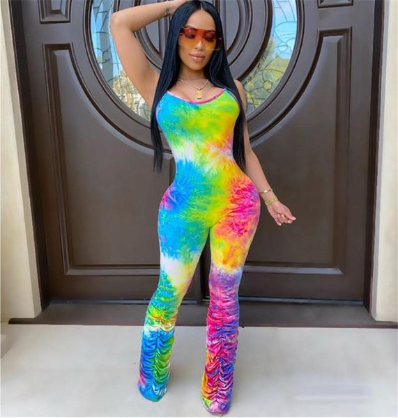 

tie dyeing print jumpsuit rompers 2021 women strap flare pants stacked joggers pleated trousers sports slim women's jumpsuits &, Black;white