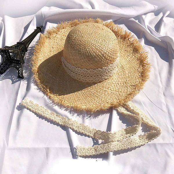 

sun hat summer parent-child foldable lafite woven straw lace ribbon beach eaves sunscreen hat, Blue;gray