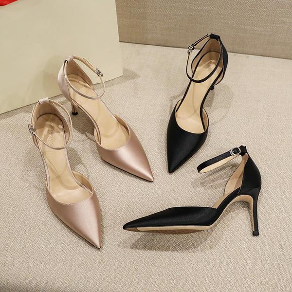 

sandals big size 31-43 black women pumps silk satin pointy toe buckle high heels shoes slip on wedding sandal w
