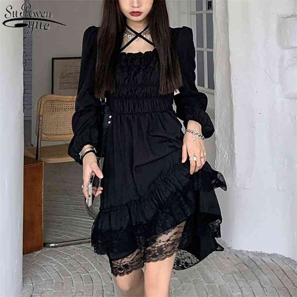 Abito da festa nero Donna irregolare stile giapponese Kawaii Gothic Lolita femminile pizzo volant manica a sbuffo estate es 13244 210427