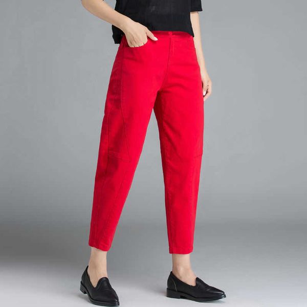 

arrival spring summer women high waist loose harem pants plus size casual cotton denim female ankle-length red jeans d319 210927, Blue
