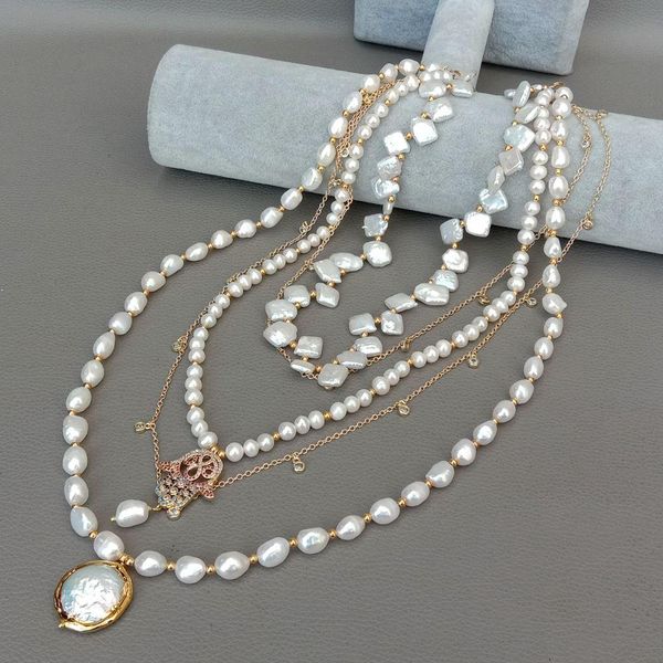 

yygem " 5 strands freshwater white multi shape pearl cubic zirconia pave charm chain statement necklace wedding for women, Silver