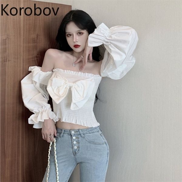

korobov new vintage slash neck puff sleeve shirts korean chic solid elegant blusas mujer office lady women blouses 210430, White