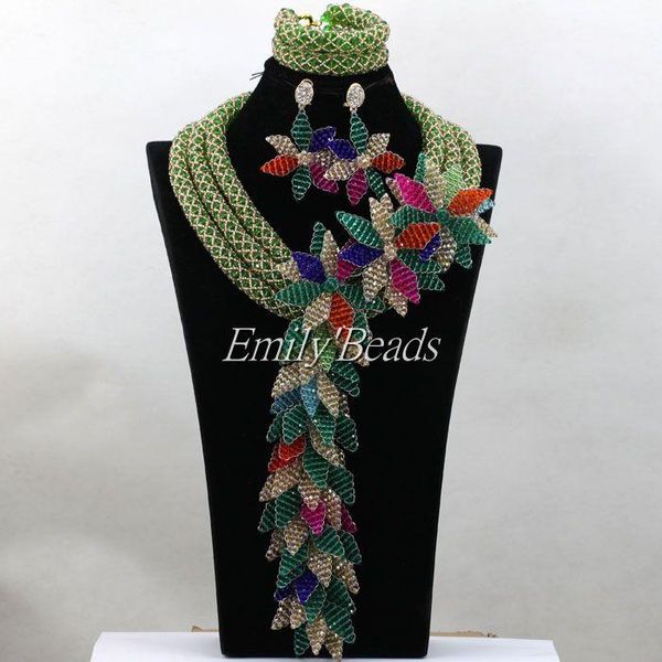 

wedding jewelry sets green crystal beads bridal african costume necklace nigerian set alj137, Slivery;golden