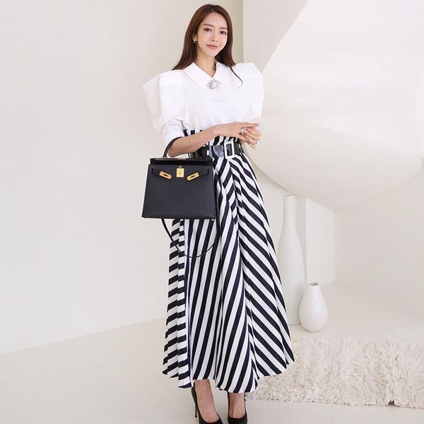 

women's tracksuits fashion spring autumn comfortable casual women set temperamental white shirt and striped long a-line skirt elegant o, Gray