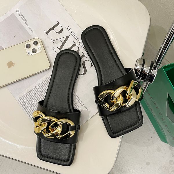 

size 35-42 women wear slippers summer fashion personality metal chain square head flat non-slip elf sandal, Black