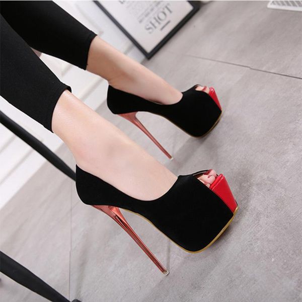 

dress shoes flock women pumps platform 16cm high heels stiletto red bottom peep toe female party sapato feminino, Black