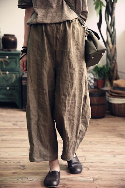 

women's pants & capris women loose solid color ramie ladies vintage elastic waist trousers female 2021 summer, Black;white