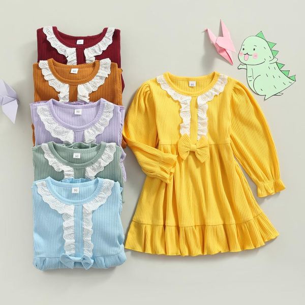 

girl's dresses toddler girls rib knit dress baby princess autumn casual long sleeve round neck bow front lace patchwork ruffle, Red;yellow
