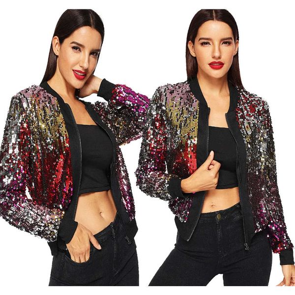 

women's daily leisure segment color sequin jacket, Black;brown