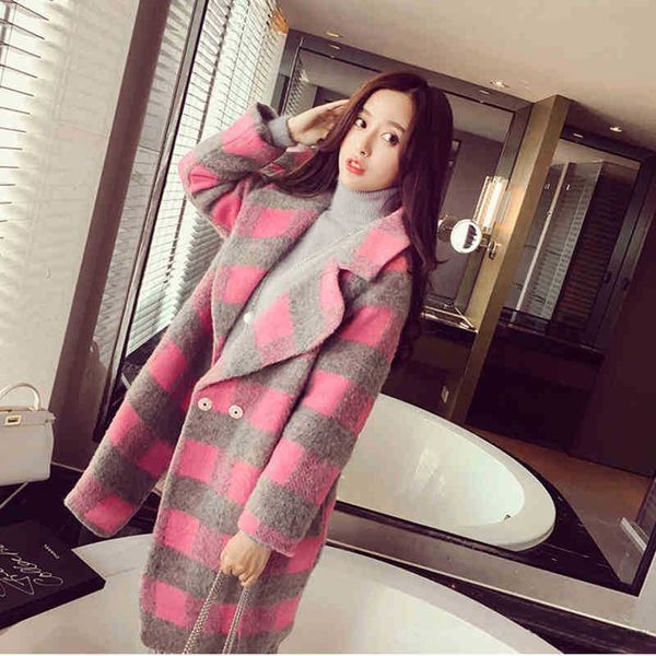 

women's wool & blends cmaz autumn and winter plaid suit collar loose rabbit fur cute no belt cotton korean style pink temperament commu, Black