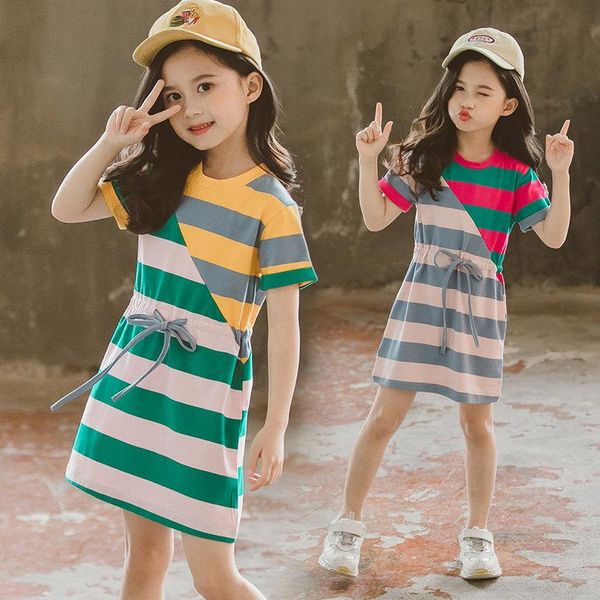 

girls dress striped patchwork party for girl o-neck kids with bow belt korean costume 4 6 7 8 9 11 13years girl's dresses, Red;yellow